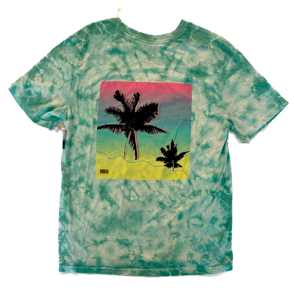 Arizona Jean Co Mens T Shirt Size Medium Aqua Tye Dye Graphic Palm Tree